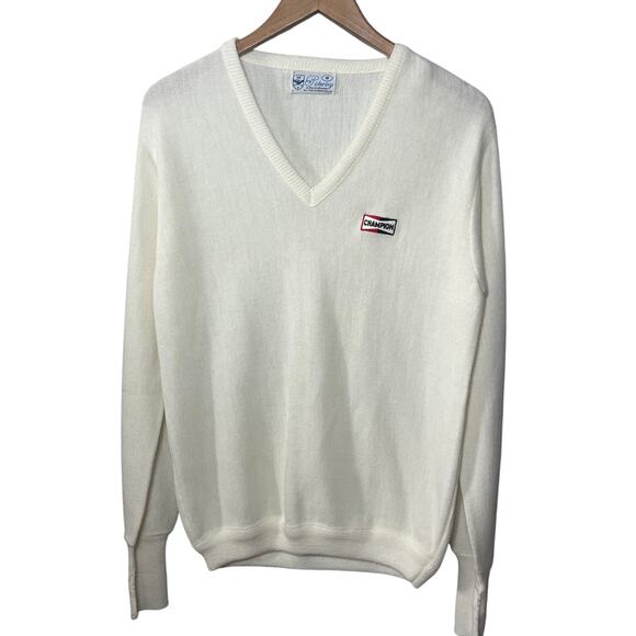 Pickering Sweaters - Pickering VTG Union Made Golf Sweater Cream Acrylic V Neck Champion Spark Plug S